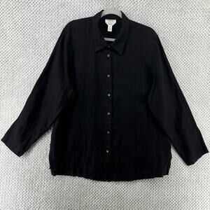VTG Talbots Top Women 18W Black Irish Linen Mother Of Pearl Button Up Semi-Sheer